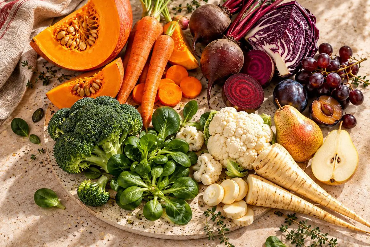 Herbstgemüse nach Farben geordnet mit Kürbis, Rüebli, Randen, Rotkabis, Broccoli und Pastinake
