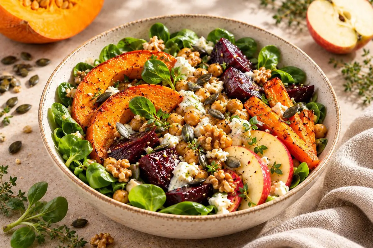 Bunte Ofengemüse-Bowl mit Kichererbsen, Nüsslisalat, Apfel, Baumnüssen und Kräuter-Joghurt